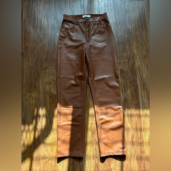 Abercrombie & Fitch Vegan Leather 90s Straight Pant - Brown - Picture 2 of 11